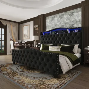 Tufted Velvet Platform Bed Curved Headboard Bed With Light